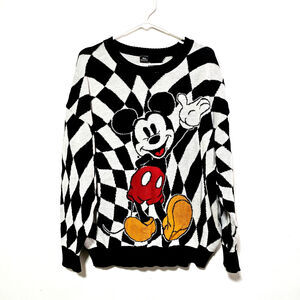 Disney Mickey Mouse Knitted Pullover Sweater Black & White Check Women's Size XL